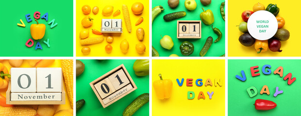 Collage for Vegan Day with many fruits and vegetables