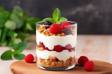 Fruit and yogur in a glass glass