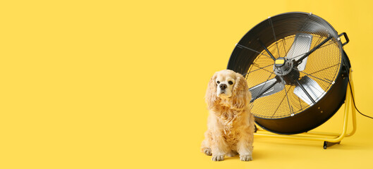 Cute dog and electric fan on yellow background with space for text