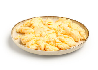 Plate of delicious scrambled eggs isolated on white background