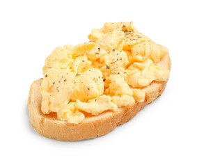 Delicious scrambled eggs sandwich on white background