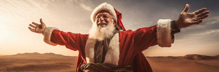 Happy Santa Claus in desert poster for Merry Christmas and Happy New Year. - obrazy, fototapety, plakaty
