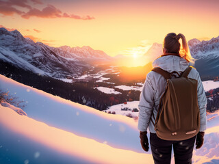 Fototapeta na wymiar montagna tramonto donna inverno