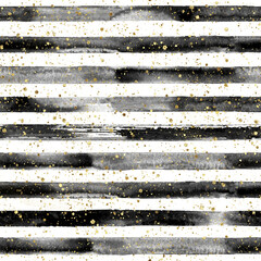White and black striped seamless pattern with golden polka dots