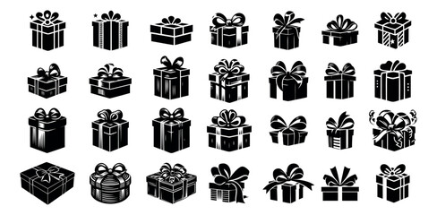 Gift box with ribbon, holiday decoration, black silhouette on transparent background, vector set

