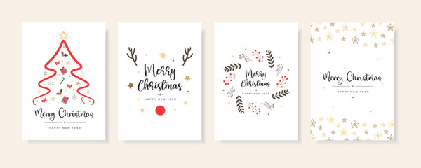 Fototapeta na wymiar Merry Christmas and Happy New Year Set of backgrounds, greeting cards, posters, holiday covers. Xmas templates with typography and season wishes for web, social media, print