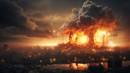 An atomic bomb destroying a city during world war