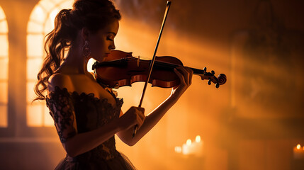 jovem mulher tocando violino  - obrazy, fototapety, plakaty