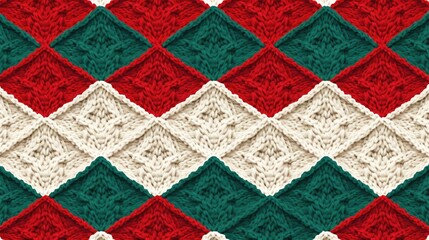 Knitted Christmas Ugly sweater background in white, red, green colors. Knit print. Knitted Xmas sweater texture wallpaper. Merry Christmas Happy New Year concept..