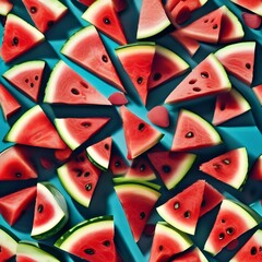 Fototapeta na wymiar A slice of watermelon shaped like a sun, with seed rays and a melon center3