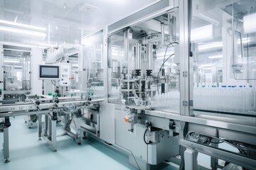 A high-tech pharmaceutical manufacturing plant with automated production lines and robotic arms filling medication bottles, taken during a quality control inspection.