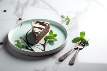 A minimalist presentation on a white marble surface of a slice of chocolate mint cake with a shiny chocolate glaze, decorated with mint leaves.