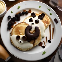 Fototapeta premium A plate of pancakes transformed into a panda, with chocolate chip eyes and syrup fur2