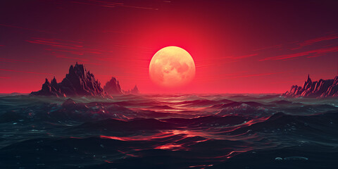 AI illustration of blood moon in a red night sky over the ocean. volcano islands, powerpoint presentation slides background