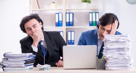 Two male colleagues unhappy with excessive work