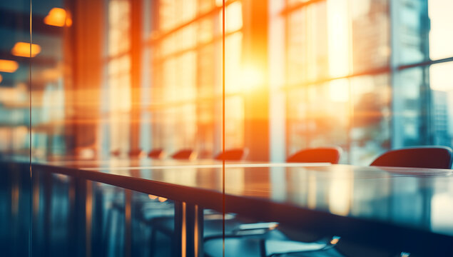 AI illustration of an office with glass windows, soft edges and blurred details, teal and amber, sunrays shine upon it, solarization, setting sun wallpaper, powerpoint presentation slides  background 
