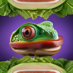 A sandwich turned into a chameleon, with lettuce tongue and tomato eyes3