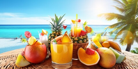 Tropical themed composition of exotic fruits. Tropical fruits against a background of blue sky and ocean. Tropical fruit juices and cocktails. - obrazy, fototapety, plakaty