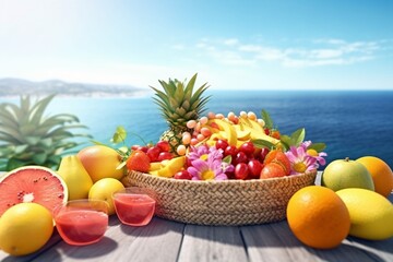 Tropical themed composition of exotic fruits. Tropical fruits against a background of blue sky and ocean. Tropical fruit juices and cocktails. 