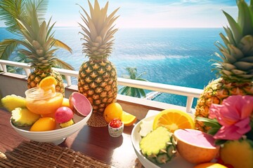Tropical themed composition of exotic fruits. Tropical fruits against a background of blue sky and ocean. Tropical fruit juices and cocktails. 