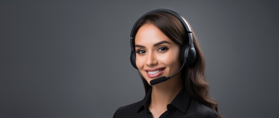 Call center, young woman and smile in contact us with CRM, headset with mic and mockup space. Customer service, happy female and telemarketing with sales and help desk. gray background, copy space