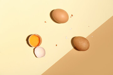 Cracked and whole chicken eggs on color background