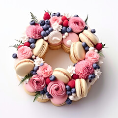 Fototapeta na wymiar A wreath made of macarons, roses, and berries.