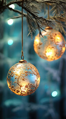 Two Christmas balls hang on a branch with lights