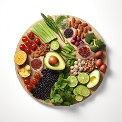 A wooden plate filled with assorted fruits and vegetables. Veganuary, vegan January.