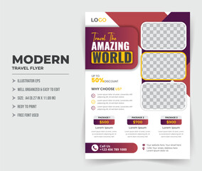 Modern travel tour flyer template with geometric shapes. Business poster layout, corporate banners, and leaflets.