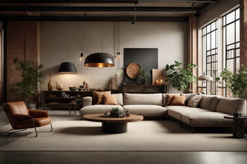 Living room interior Industrial Zen, 3d render, generated with AI