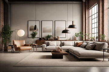 Naklejka na ściany i meble Living room interior Gallery of Minimalist Wonders, 3d render, generated with AI