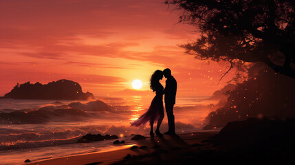 Obraz premium Silhouette of a couple on the beach at sunset