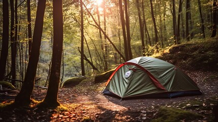 Camping tent campground in outdoor forest, nature background summer trip camp travel adventure vacation