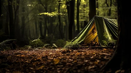 Fotobehang Camping tent campground in outdoor forest, nature background summer trip camp travel adventure vacation © Gethuk_Studio