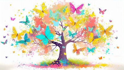 Spring tree illustration design with butterflies. Generative AI