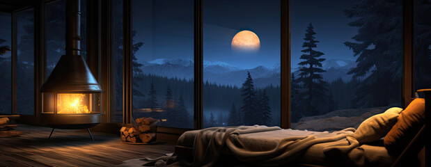 A cozy room with a fireplace, outside the window there are mountains, a pine forest and moon. AI generated - obrazy, fototapety, plakaty