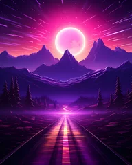 Fototapeten Retro wave neon landscape with sunrise behind a mountain, a highway going into the distance, fog, trees. Vector illustration desing poster.  Futuristic style of the 80s. Synth wave wallpaper. © Irina