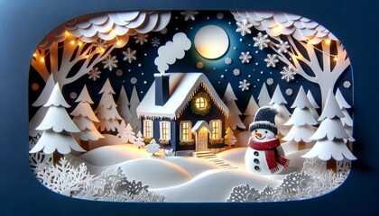 Winter wonderland scene with a glowing snow-covered cottage at night 19