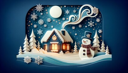 Winter wonderland scene with a glowing snow-covered cottage at night 27 - obrazy, fototapety, plakaty