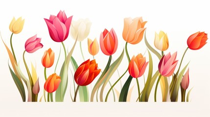 A group of colorful tulips on a white background.