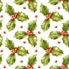 Watercolor illustration, painting. Green holly leaves with red berries. Traditional Christmas decor. Hand-drawn plant. Seamless pattern design. Print for wrapping paper or festive textiles. 