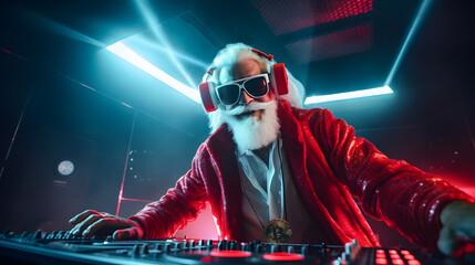 Funky Santa Claus like DJ at the console with red headphones & cool party sunglasses