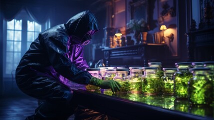 Crime investigation of crime scene with flowing green substance in glass jars. Made with Generative AI.