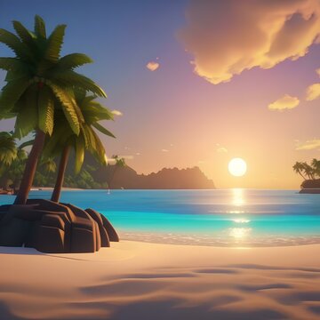 74 Render a pixel art tropical island during a sunset with palm trees and tranquil beaches1