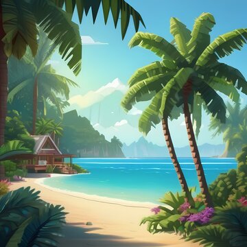 37 Design a pixel art tropical island paradise with palm trees and crystal-clear waters3