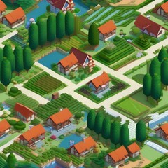 32 Illustrate a tranquil pixel art village with cottages, gardens, and a town square3