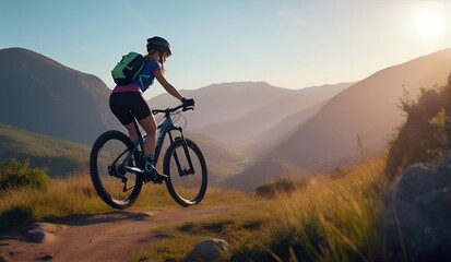 Adventurer, biker women riding a bike in mountain. Outdoor sports, adventure, freedom, cycling, riding concept in nature
