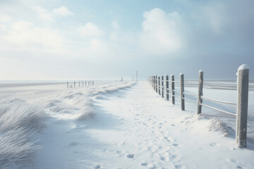 Winter's Silence: Footprints in the Snow on a Desolate North Sea Beach