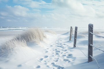 Coastal Hush: Footprints in Snow on the Desolate North Sea Beach - obrazy, fototapety, plakaty